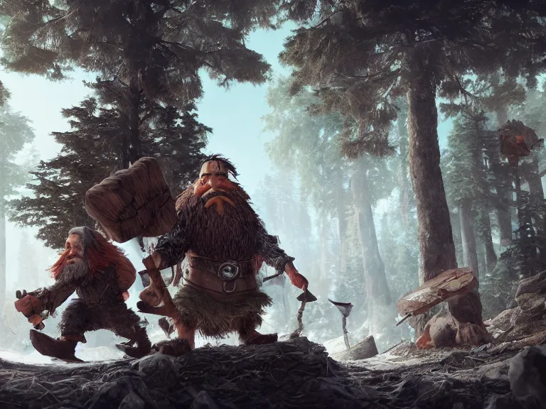 Image similar to Heroic Dwarf woodsmen treading forest with their Companion Raven, RPG Landscape, Oil Painting, Trending on Artstation, octane render, Insanely Detailed, 8k, HD