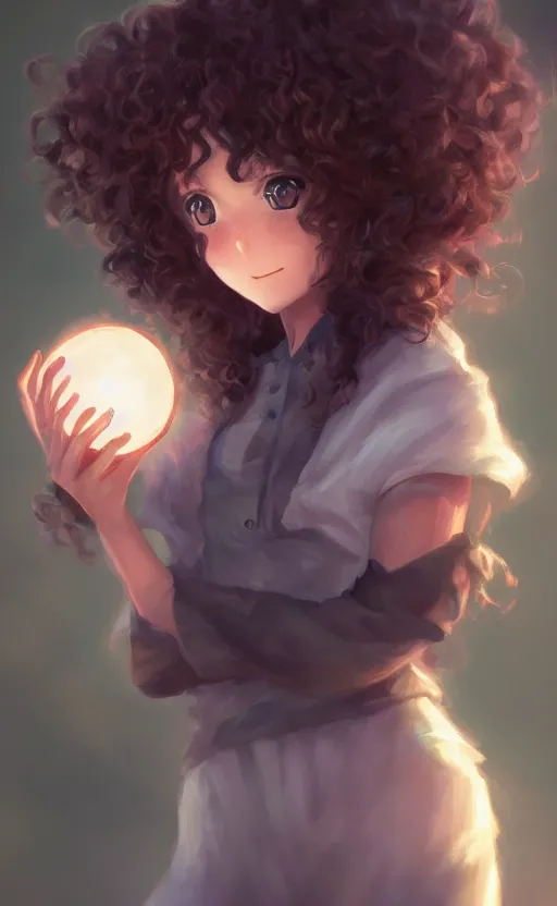 Image similar to anime girl with curly hair holding a magical orb, WLOP, concept art, digital painting, trending on artstation, highly detailed, epic composition, 8k UHD