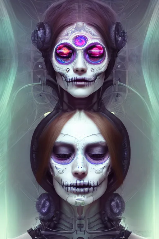 Image similar to ultra detailed portrait of a female android, eyes closed, 8 k, sci - fi, flowerpunk, fantasy, moody, calm, ( dia de los muertos ), asymmetrical, intricate concept art, art by artgerm and giger and michael welan and alphonse mucha and loish and wlop