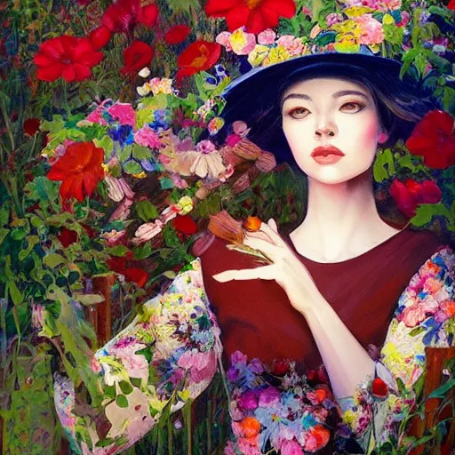 Image similar to a painting of a woman wearing a floral hat in a beautiful garden, an ultrafine detailed painting by james jean, cgsociety, figurative art, ilya kuvshinov, detailed painting, rich color palette