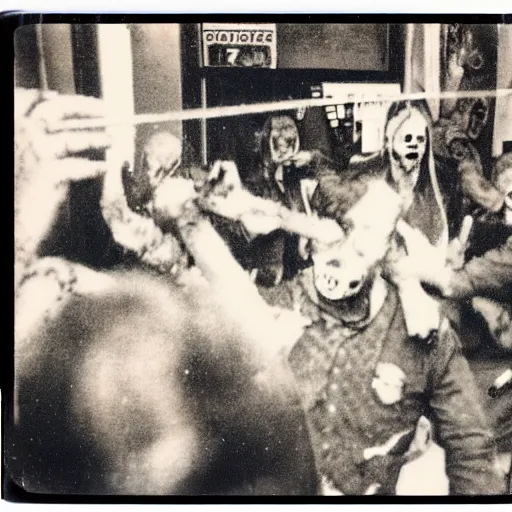 Prompt: a crime scene polaroid photo of a zombie hoard attack