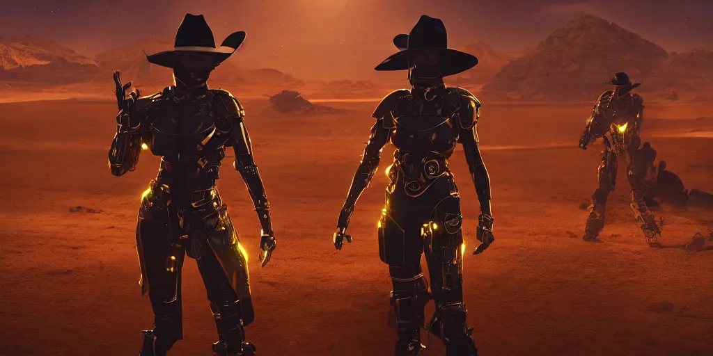 Image similar to Panorama screenshot beautiful female cyborg, super bright gold glowing eyes, wearing a cowboy hat, photographic highly detailed desert, dynamic dramatic golden moody lighting, volumetric lighting, shadows,cinematic atmosphere,Artstation, DAZ, bungie, hyperrealistic 3D digital art,Octane render