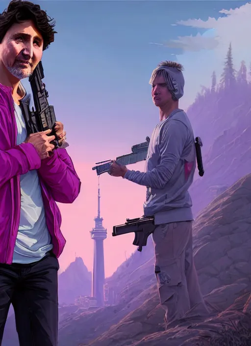 Image similar to highly detailed portrait justin trudeau in ( ( pink hoody rainbow socks ) ) holding ar - 1 5! in gta v stephen bliss unreal engine fantasy art by greg rutkowski loish rhads ferdinand knab makoto shinkai lois van baarle ilya kuvshinov rossdraws tom bagshaw global illumination radiant light detailed intricate environment