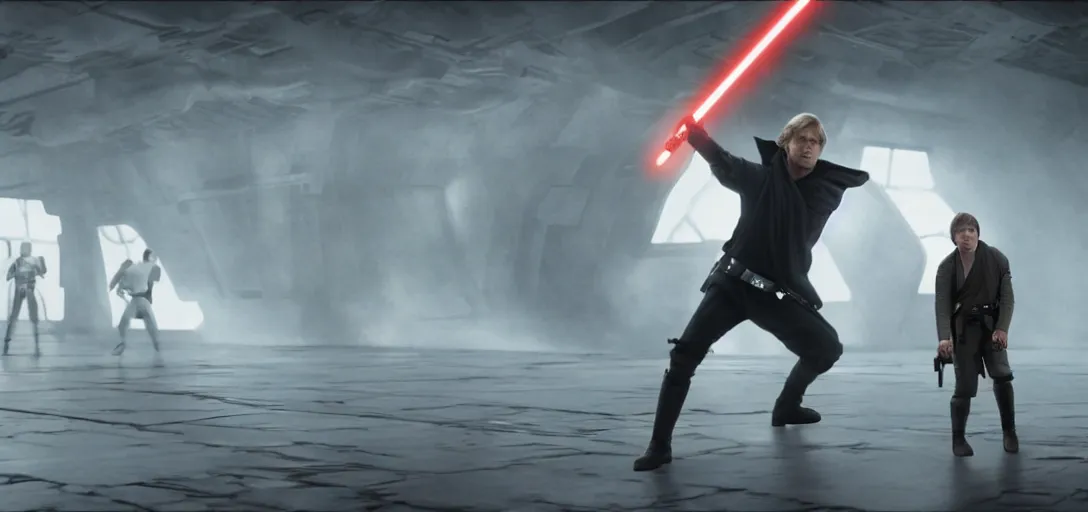 Image similar to Star Wars, HD, Luke Skywalker fights supreme leader Snoke inside imperial facility, realistic, high detailed 4K