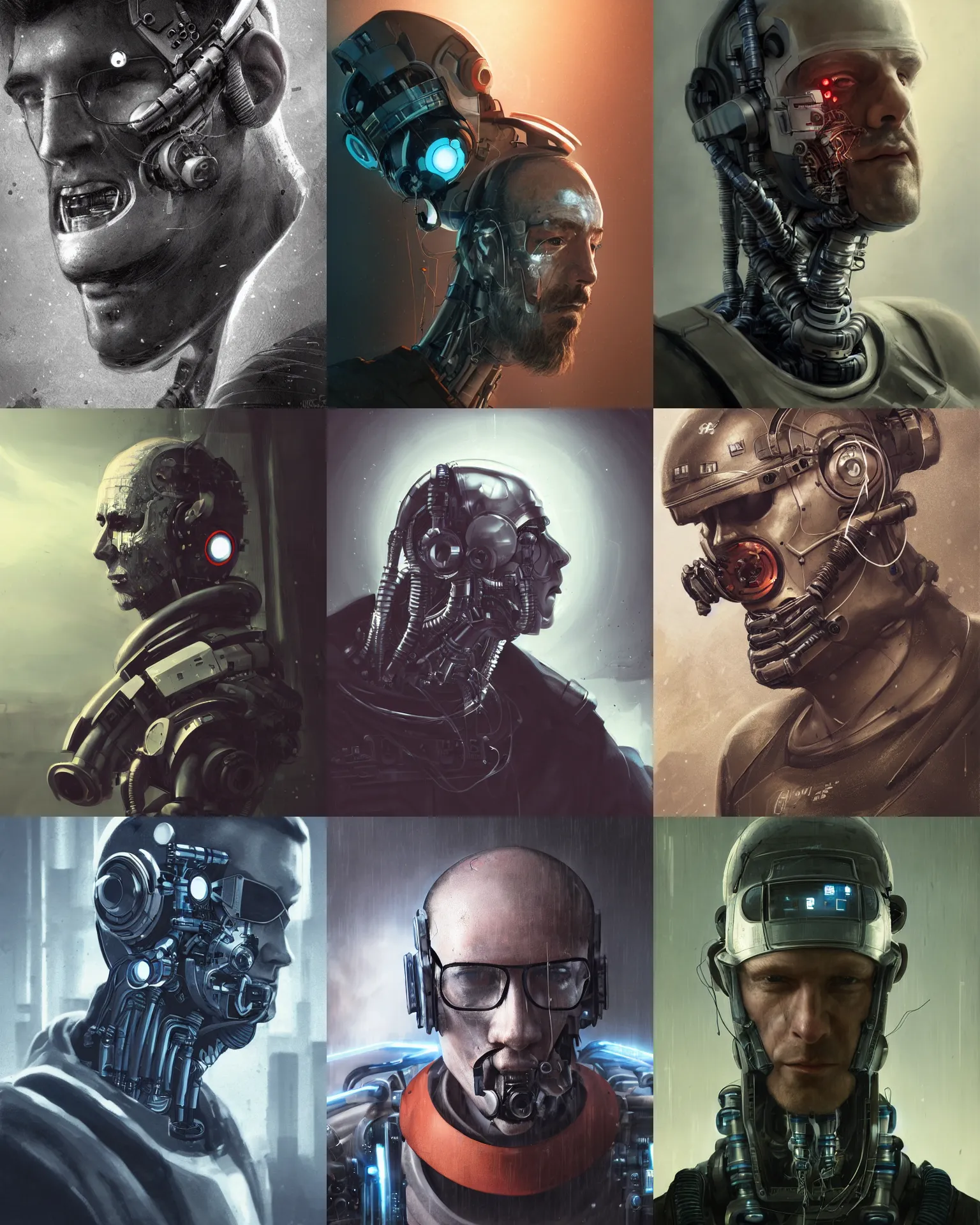Prompt: a half - masked rugged laboratory engineer man with cybernetic enhancements as seen from a distance, scifi character portrait by greg rutkowski, esuthio, daytoner, 1 / 4 headshot, cinematic lighting, dystopian scifi gear, gloomy, profile picture, mechanical, cyborg, half robot, implants, dieselpunk