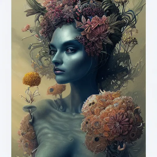 Image similar to a beautiful detailed front view portrait of a woman with ornate growing around, ornamentation, flowers, elegant, beautifully soft lit, golden ratio, full frame, by wayne barlowe, peter mohrbacher, kelly mckernan,