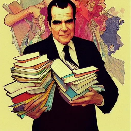 Prompt: beautiful Richard Nixon holding a stack of books, art by artgerm and greg rutkowski and alphonse mucha