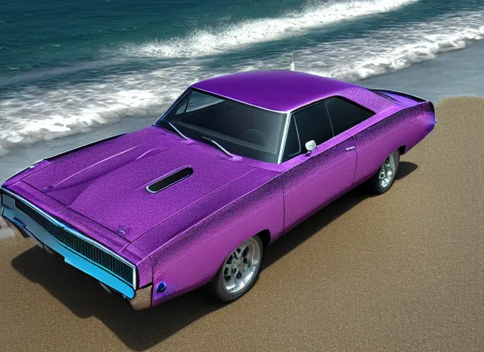 Prompt: hyperrealism, detailed textures, photorealistic 3 d render, a dreamy beach in cuba, a 1 9 7 0 hemi charger with plum crazy purple colour scheme, sharp focus, ultra realistic, ultra high pixel detail, cinematic, intricate, cinematic light, concept art, illustration, art station, unreal engine 8 k