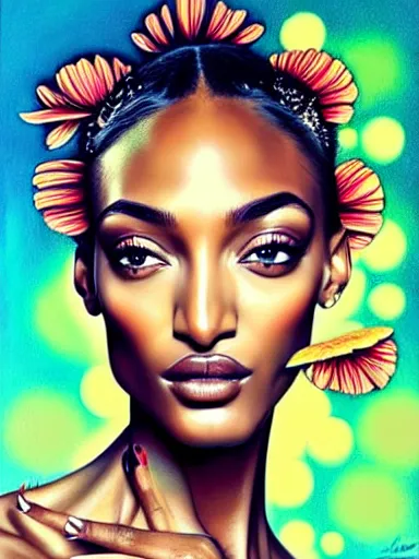 Image similar to portrait of jourdan dunn with a floral background : : painted by artgerm, karol bak, artur bordalo, sandra chevrier : : portrait, character, illustration, hyperrealism, photorealism