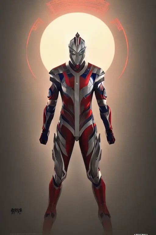 Image similar to poster of a ultraman with japanese armor and helmet, symmetrical, art by greg rutkowski, matte painting, trending on artstation