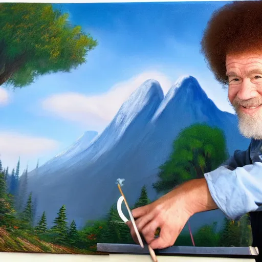 Image similar to a closeup photorealistic photograph of bob ross working on a canvas painting of mickey mouse. film still. brightly lit scene. mountains and trees. this 4 k hd image is trending on artstation, featured on behance, well - rendered, extra crisp, features intricate detail, epic composition and the style of unreal engine.