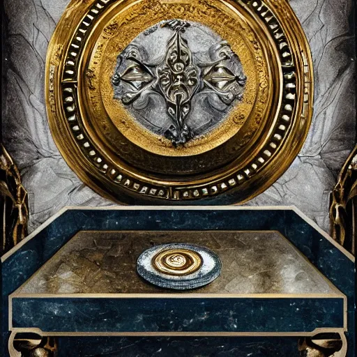 Image similar to in the center lays an ancient chromed artifact in the shape of a heavy signet ring, ornate with gentle shine from within. the ring lays on top of a marbled pedestal. the pedestal is in front of a dark misty balcony at night perspective from the side. realistic light and shadows. moody fantasy art, table still life renaissance pastel painting.