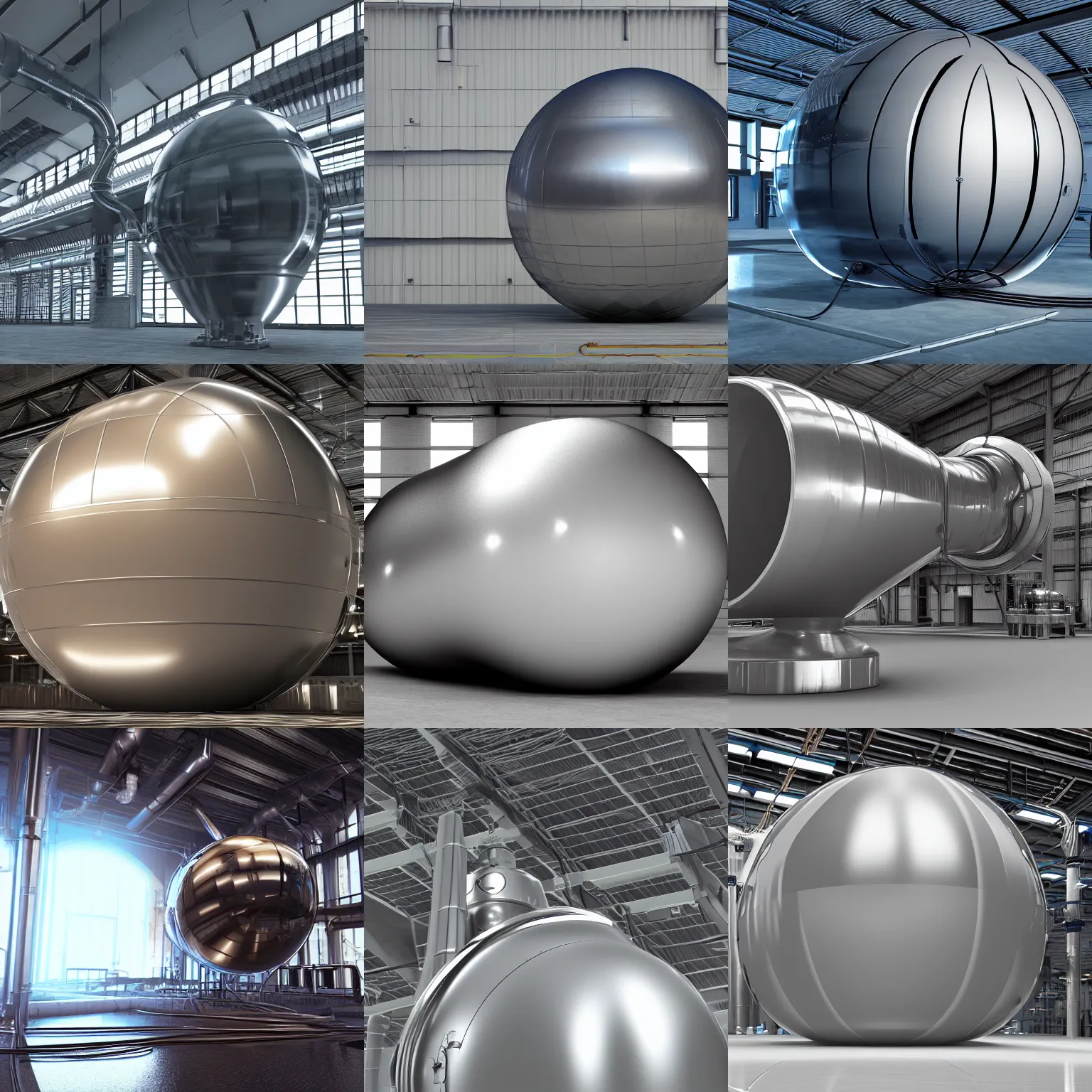 Prompt: big metallic capsule connected to pipelines, purpose is pump, standing in large industrial hall, designed by best engineers, raytracing, reflections