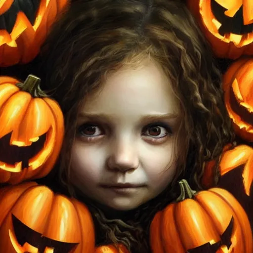 Image similar to a cute little girl with light brown wavy curly hair and blue eyes sitting amidst piles of skulls and pumpkins. beautiful cute highly detailed face. spooky halloween themed painting by artgerm and greg rutkowski and magali villanueve.