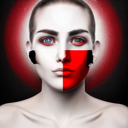 Prompt: Portrait. Completely white ideal oval face. Right eye red, black iris black. Left eye black, red iris. Dark futuristic background.