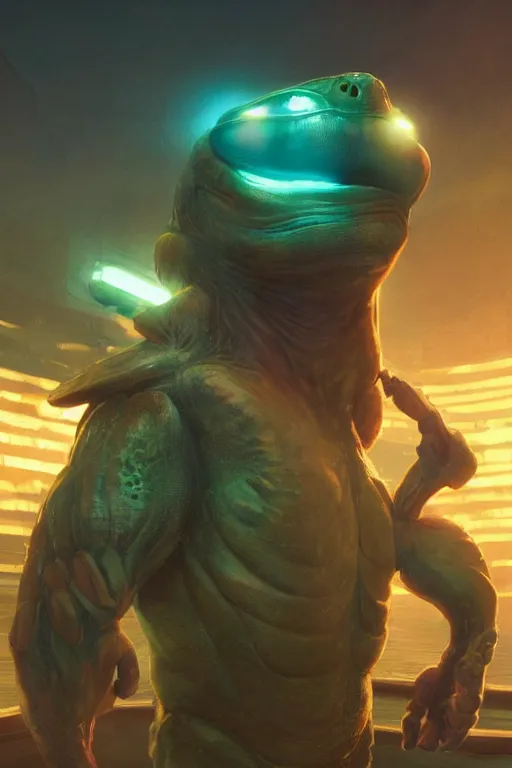 Prompt: muscular turtle man, slimy turtle man, ultra realistic digital art, character design, neon futuristic, character art by Greg Rutkowski, 4k, cinematic main character shot