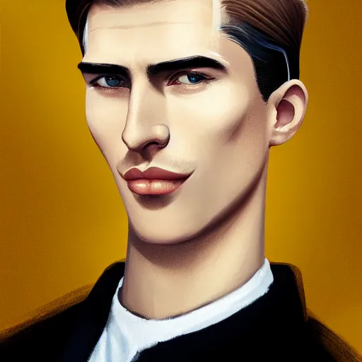 Image similar to tall man in his twenties slightly smiling with brown blond short quiff hair and thin slightly round facial structure with cleft chin, straight eyebrows and prominent bumpy nose, good definition of cheekbones, big hazel nut brown eyes, narrow face, slim body, atmospheric lighting, painted, intricate, 4 k, highly detailed by charlie bowater