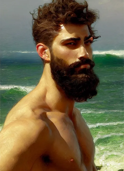 Image similar to detailed cinematic wide shot of muscular attractive young egyptian man beard slim face symmetrical face tanskin green eyes white hair wearing sea clothes, ultra realistic, spring light, painting by gaston bussiere, craig mullins, j. c. leyendecker