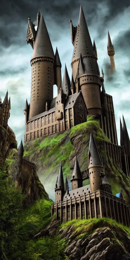 Image similar to Hogwarts in the middle of a dark airy land in the Harry Poter world, hyper realistic, landscape, nature