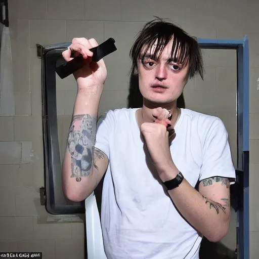 Image similar to pete doherty apprehended illegally selling fidget spinners in the changing room of a leicester leisure center