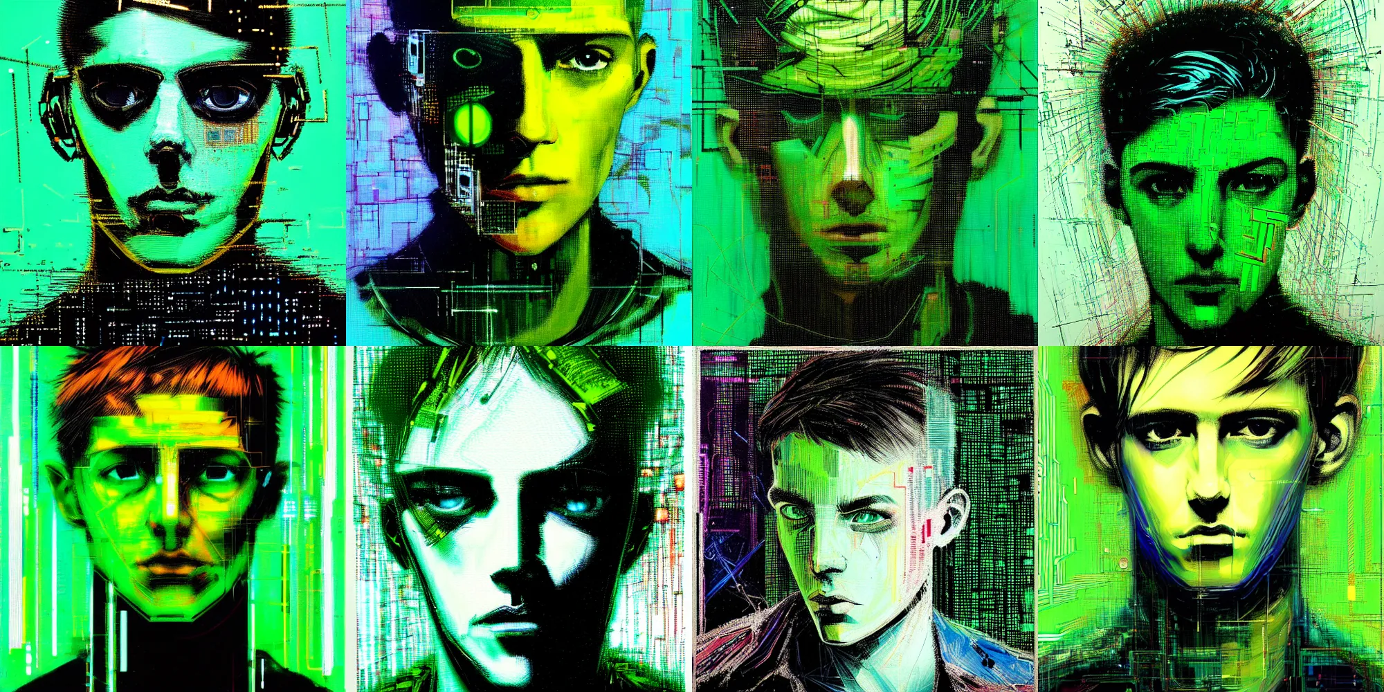 Prompt: hyperrealistic portrait of a cyberpunk teenager, male, short hair, confident, cybernetics, immersed within a glitch network, by Guy Denning, Druillet Philippe, Russ Mills, glitch art, hyper focus, fine detail, fined detail, polished, complex, hacking effects, digital tech effects, chromatic, color blocking!, green, realistic, acrylic on canvas, concept art, abstract, trending on cgsociety, trending on artstation