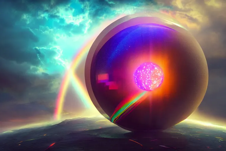 Image similar to a god dissolving into a new universe and then folding itself into a sphere which becomes a rainbow beacon signalling the arrival of a new goddess, in the style of wlop, illustration, epic, fantasy, hyper detailed, smooth, unreal engine, sharp focus, ray tracing