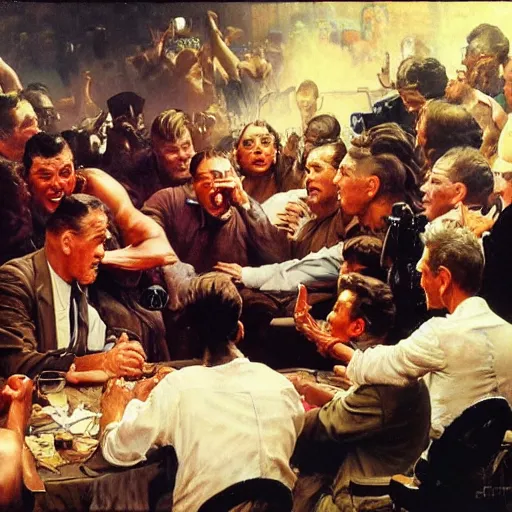 Image similar to action scene of political debate, oil painting by frank frazetta and norman rockwell, cinematic, hyperreal, intense, highly textured, wide angle, insanely detailed, god rays, 3 5 mm, shallow depth of field