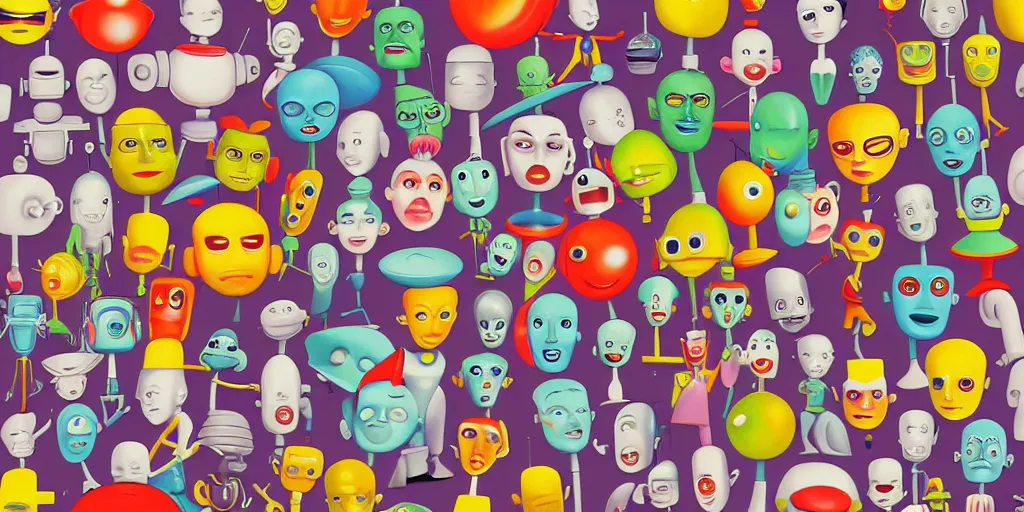 Prompt: Smooth Colorful Digital Painting by Mark Ryden in a 1950s atom-age Jetsons cartoon city, a group of 3D retro smiling dancing plastic children and robots, symmetrical faces; Photorealistic Wide-Shot Pixar RenderMan H 768