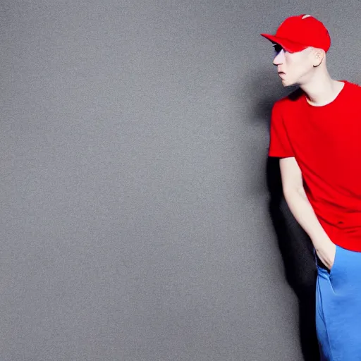 Image similar to a full body shot of an average white, short young - adult man with blue dyed hair, wearing a red backwards cap, white t - shirt with a red no symbol on it, blue long pants and red shoes, holding a microphone, studio lighting, photoshoot, grey background