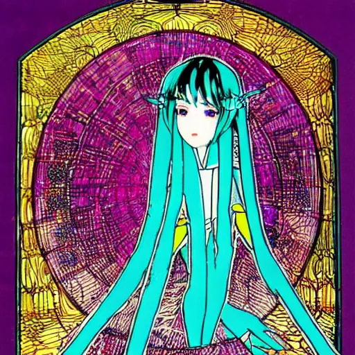 Prompt: Hatsune miku by Harry Clarke, anime style