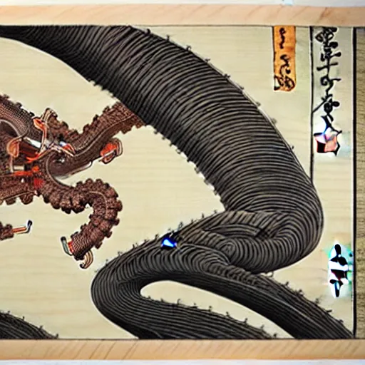 Prompt: biomechanical ukiyo - e woodblock, very detailed, hyperrealistic