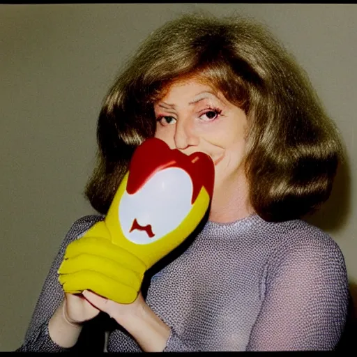 Image similar to 1976 woman wearing a long prosthetic snout nose and nostril, soft color wearing a leotard 1976 holding a smiley inflatable hand puppet color film 16mm Almodovar John Waters Russ Meyer Doris Wishman old photo