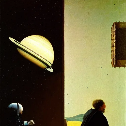 Prompt: Two space travelers sitting side by side in a space cruiser, flying between Jupiter and Saturn, the milky way galaxy in the background, oil painting by vermeer,