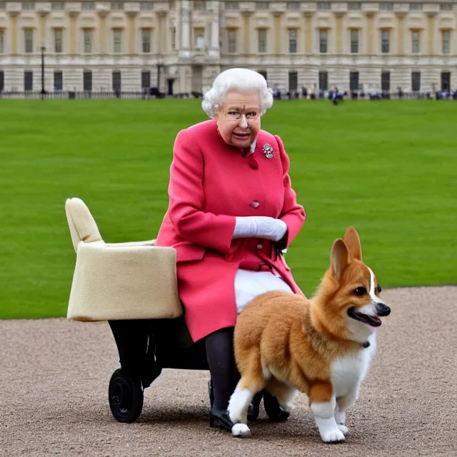 Image similar to photo of queen elizabeth riding a corgi like a horse on the lawn in front of buckingham palace, paparazzi photo, 4 0 0 mm f / 3. 5