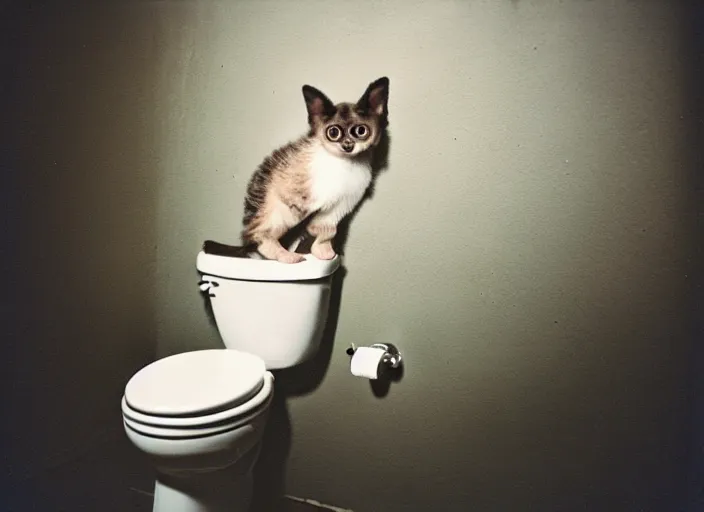 Prompt: high detail toilet, a bat kitten sits on the toilet, kodak expired film underexposed film grain light leak accidental exposure