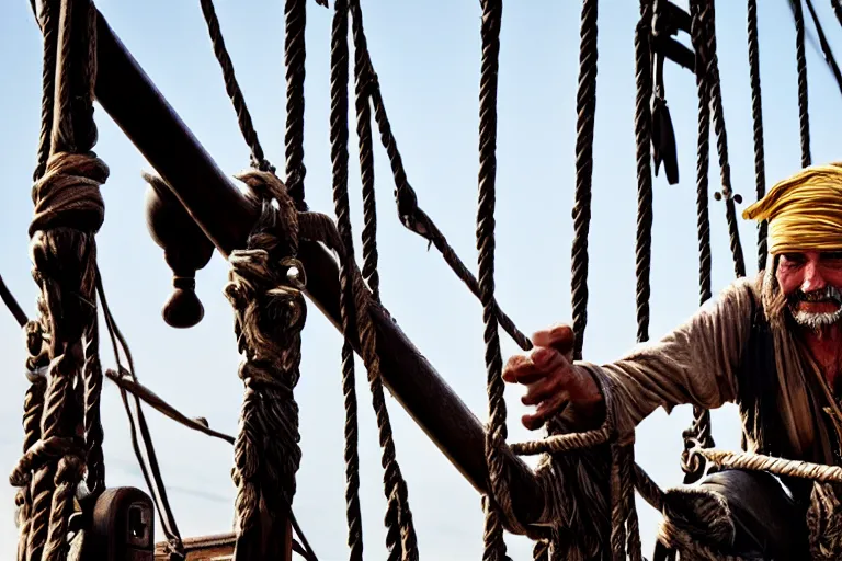 Image similar to closeup old pirate on an old pirate ship, by emmanuel lubezki