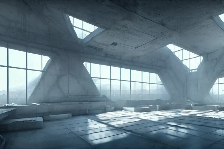 Image similar to hyper realistic interior photo of a white concrete brutalist megastructure with huge windows and skylights, volumetric light rays, style of simon stalenhag and alphonse mucha, cinematic and blue cold atmospheric, archillect concept art, trending on artstation, epic matte painting by weta digital, cgisociety