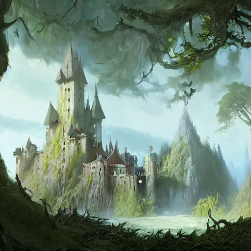 Prompt: a painting of a castle in the middle of a forest, a detailed matte painting by ding guanpeng, cgsociety contest winner, fantasy art, matte painting, 2 d game art, concept art