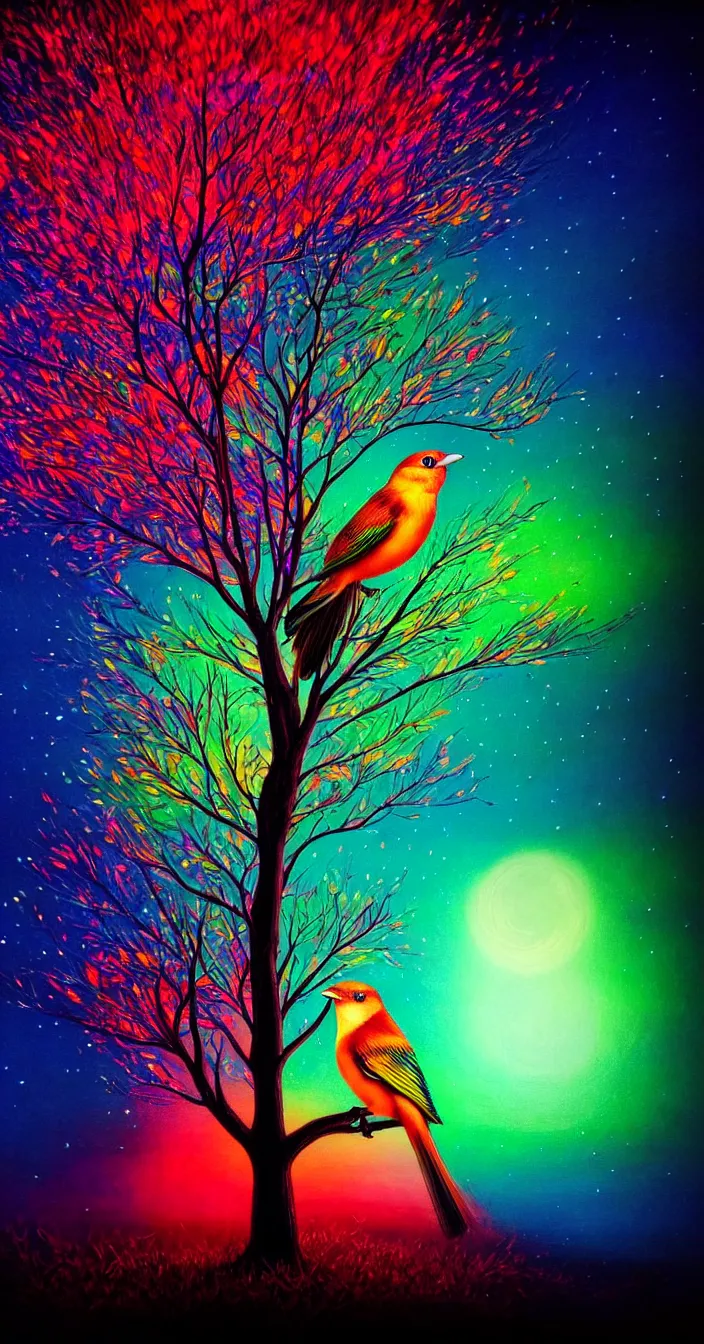 Image similar to realistic photo of beautiful colorful bird sitting on glowing tree at night, dark smooth background, very sharp focus, dark background, in the style of greg rutswoski, very hyper realistic, highly detailed, fantasy art station
