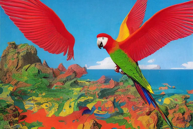 Image similar to colourful parrot flying over a tropical island, fluid, smooth, bright, colours, high contrast, sharpness, very detailed, intricate, by dali, magritte, edvard munch, da vinci, donato giancola, richard corben, zdzisław beksinski, moebius, francis bacon, studio ghibli, mucha and studio disney