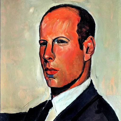 Prompt: Portrait of Bruce Willis, painting by Amedeo Modigliani, Expressionism, Oil on Canvas