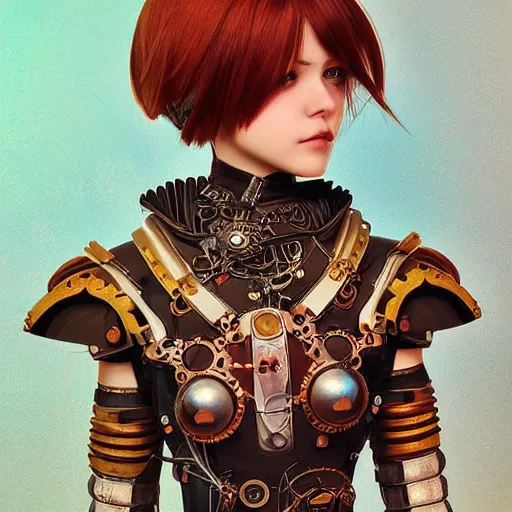 Image similar to ilya kuvshinov, curiosities carnival, soft paint of a single beautiful female in a full steampunk armor, symmetry accurate features, focus, very intricate ultrafine details, award winning masterpiece