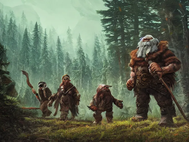 Prompt: Heroic Dwarf woodsmen treading forest with their Companion Raven, RPG Landscape, Oil Painting, Trending on Artstation, octane render, Insanely Detailed, 8k, HD