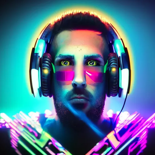 Image similar to electronic dj portrait, dj performing live streaming to online, cyberpunk 2 0 7 7, cyberpunk, photorealistic, ultra detailed, neon, octane, bokeh, cinematic lighting, cyber, cyberpunk city, headphones, studio quality, feature, scars, cyberface, 8 k