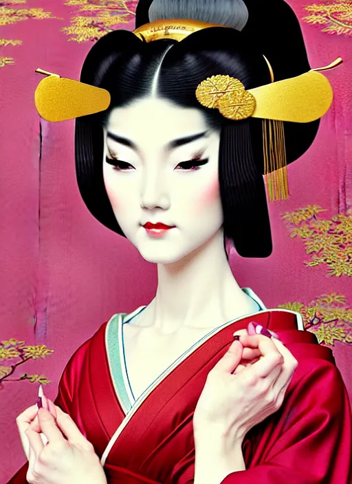 Prompt: glamorous and sexy Geisha in an ancient japanese temple, beautiful pale makeup, pearlescent skin, seductive eyes and face, elegant, lacivious pose, very detailed face, transparent kimono, ancient japanese temple on the background, photorealism, a portrait by artgerm, rossdraws, Norman Rockwell, magali villeneuve, Gil Elvgren, Alberto Vargas, Earl Moran, Enoch Bolles