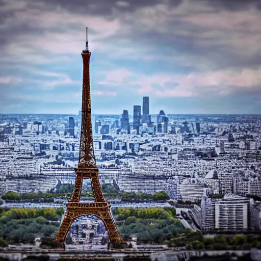 Image similar to godzilla attacking the Eiffel Tower, realistic tilt shift style