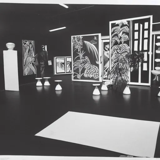 Prompt: A black and white photo in sérigraphie of an exhibition space with works of Sun Ra, Marcel Duchamp and tropical plants - W 1280