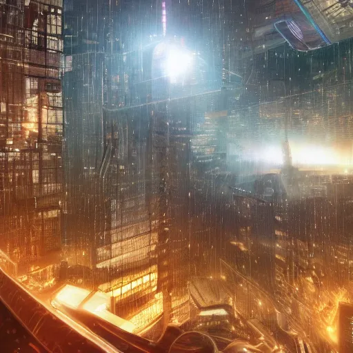 Image similar to a hyperdetailed photograph of iron man flying through the skies of a cyberpunk, futuristic city, night, dense fog, rain, hd, 8 k resolution