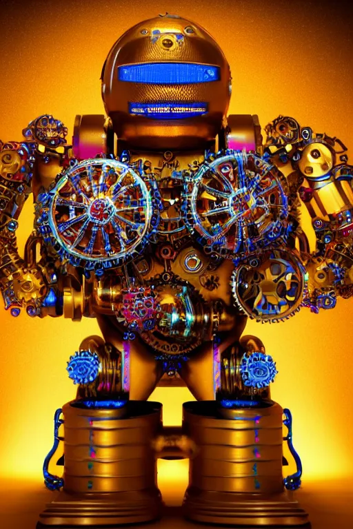 Image similar to portrait photo of a giant huge golden and blue metal steampunk robothead covered with multicolored machine parts and gears and tubes, eyes are glowing red lightbulbs, shiny crisp finish, 3 d render, 8 k, insaneley detailed, fluorescent colors, background is multicolored lasershow