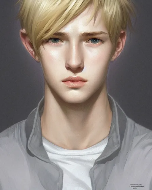 Prompt: portrait of 1 5 - year - old boy, with slender, white - blond hair, cold grey eyes, a pale complexion with sharp and pointed features, highly detailed, digital painting, artstation, concept art, smooth, sharp focus, illustration, art by artgerm and greg rutkowski and alphonse mucha